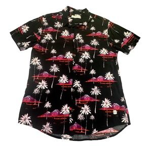 Departwest Button Down Shirt Men's Medium Black Tropical Palm Tree Mountain‎
